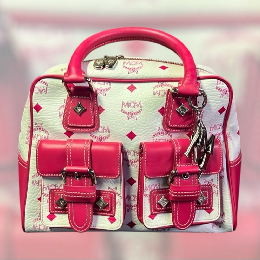 AUTHENTIC PINK AND WHITE MCM Handbag with Bag Charm EUC